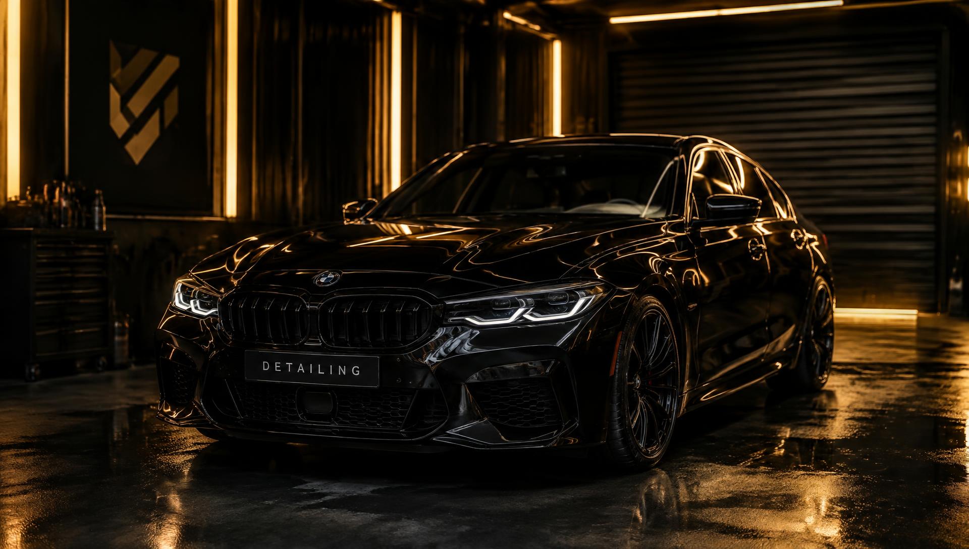 Black luxury sedan in a detailing studio